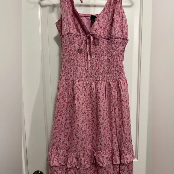 Wild Fable Smocked Maxi Dress Pink Floral Size M Tie Straps Ruffle Hem Cotton - Picture 5 of 11